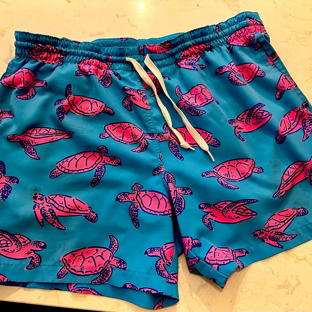 Blue and pink chubby, swim shorts, with turtles